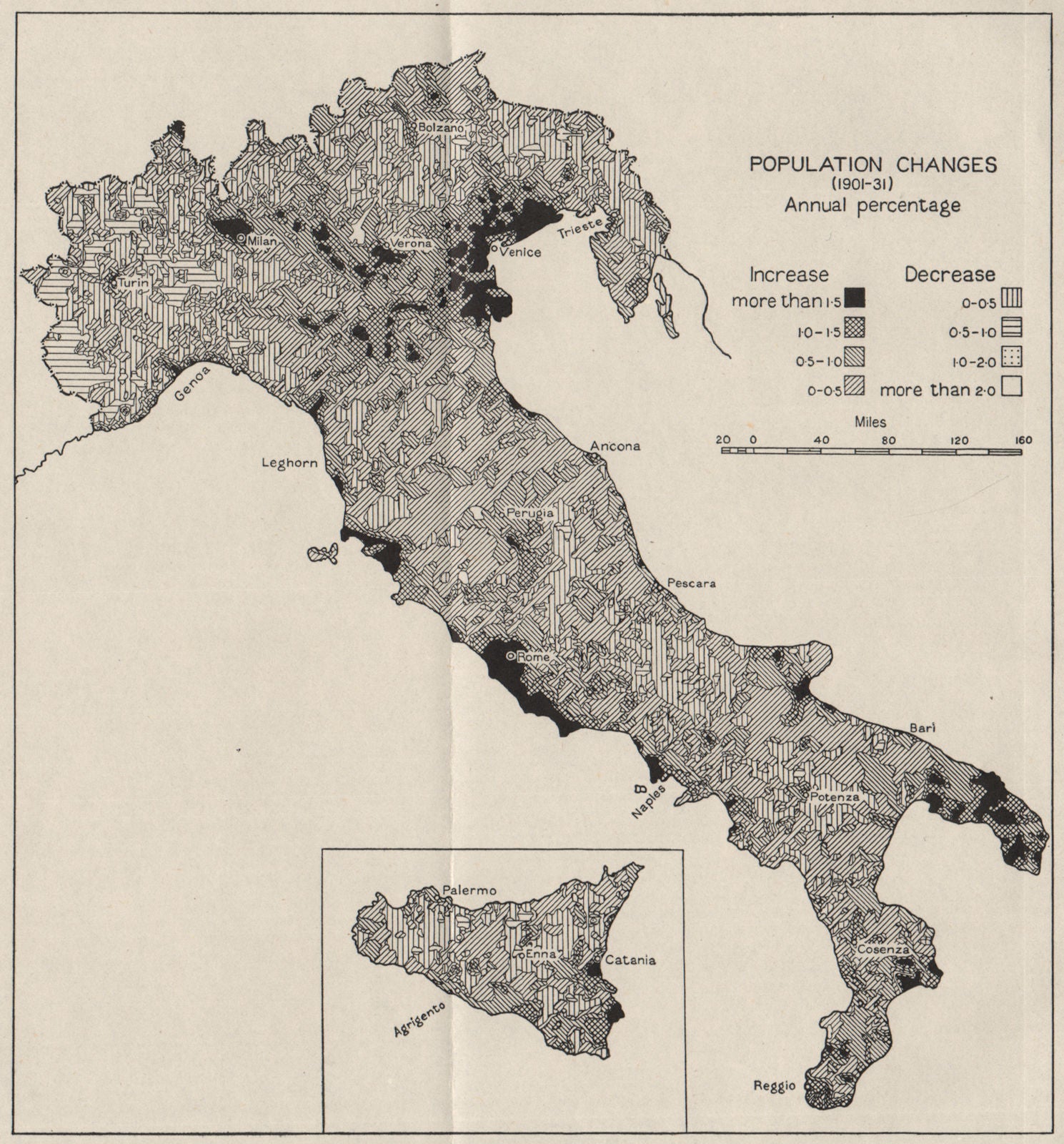 ITALY. Population changes (1901-31) . WW2 ROYAL NAVY INTELLIGENCE MAP 1944